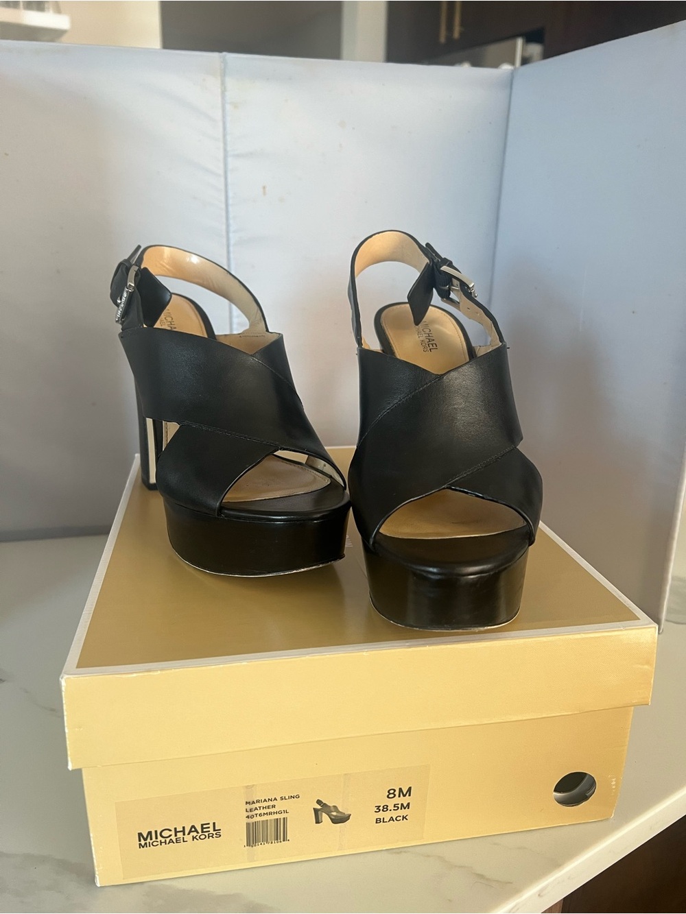 Black Leather Platform Slingback Heels - Picture 2 of 2